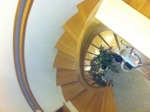 Oak stairs decorated for Christmas